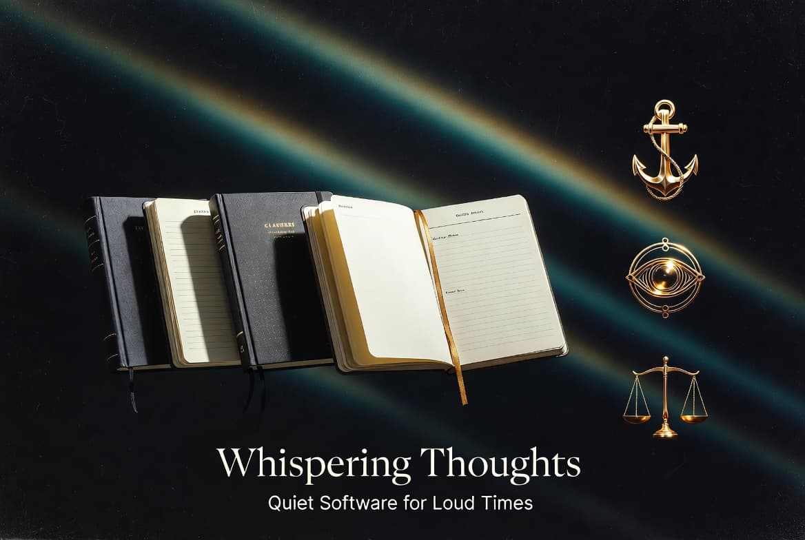 Whispering Thoughts app interface showing the four books: Chronicle, Commonplace, Anthology, and Atlas
